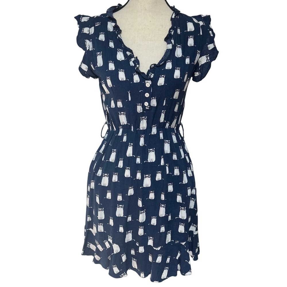 Onze Montreal Cat Print Dress Navy Blue Cotton Ruffle Fit Flare Pockets Small